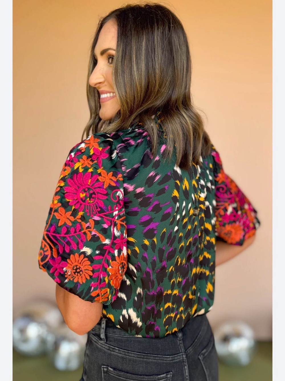THML Hunter Green Print Mock Frill Neck Embroidered Sleeve Top - Picture 10 of 12